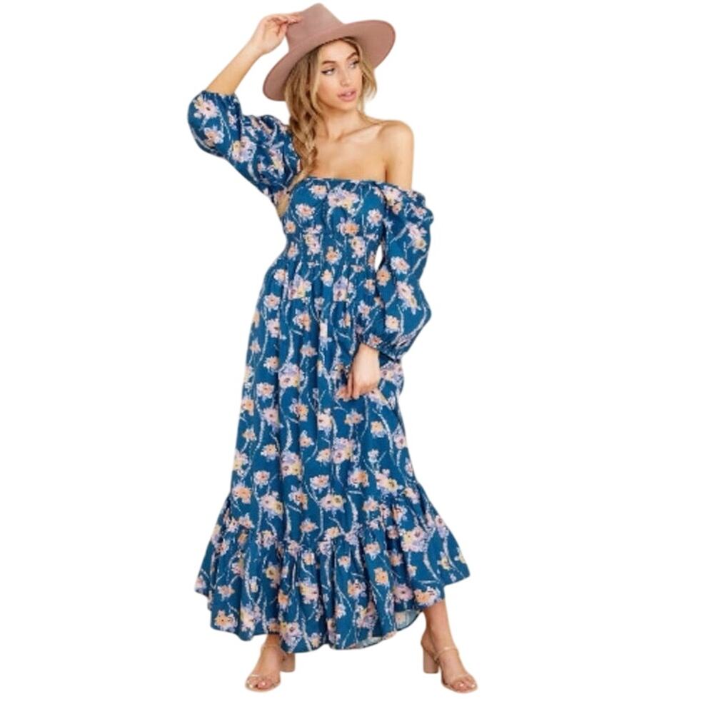 LoveShackFancy Floral Cotton Midi Dress Blue Pink Puff Sleeve Smocked Size L